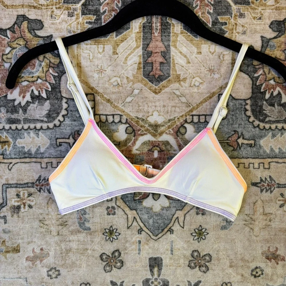 ONEONE Bikini Set Cream Neon Rainbow Stitch Cutout Triangle Top High Cut Bottoms